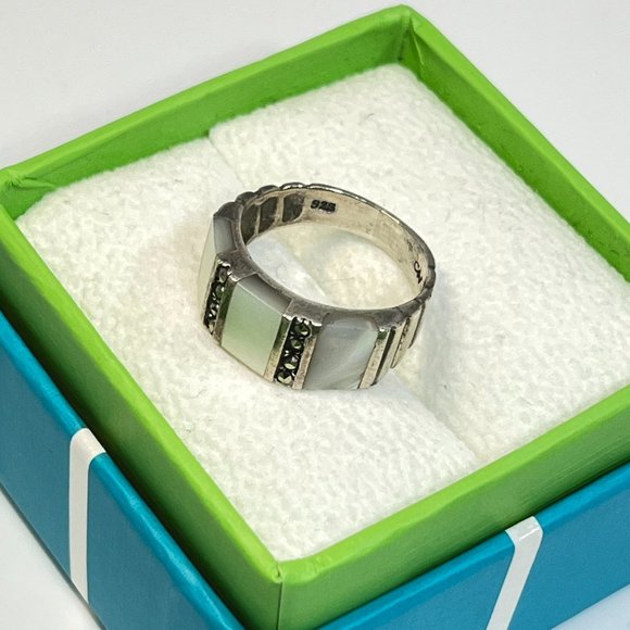 Abalone Shell Trilogy Panel .925 Sterling Silver Vintage Ring - Picture 1 of 11
